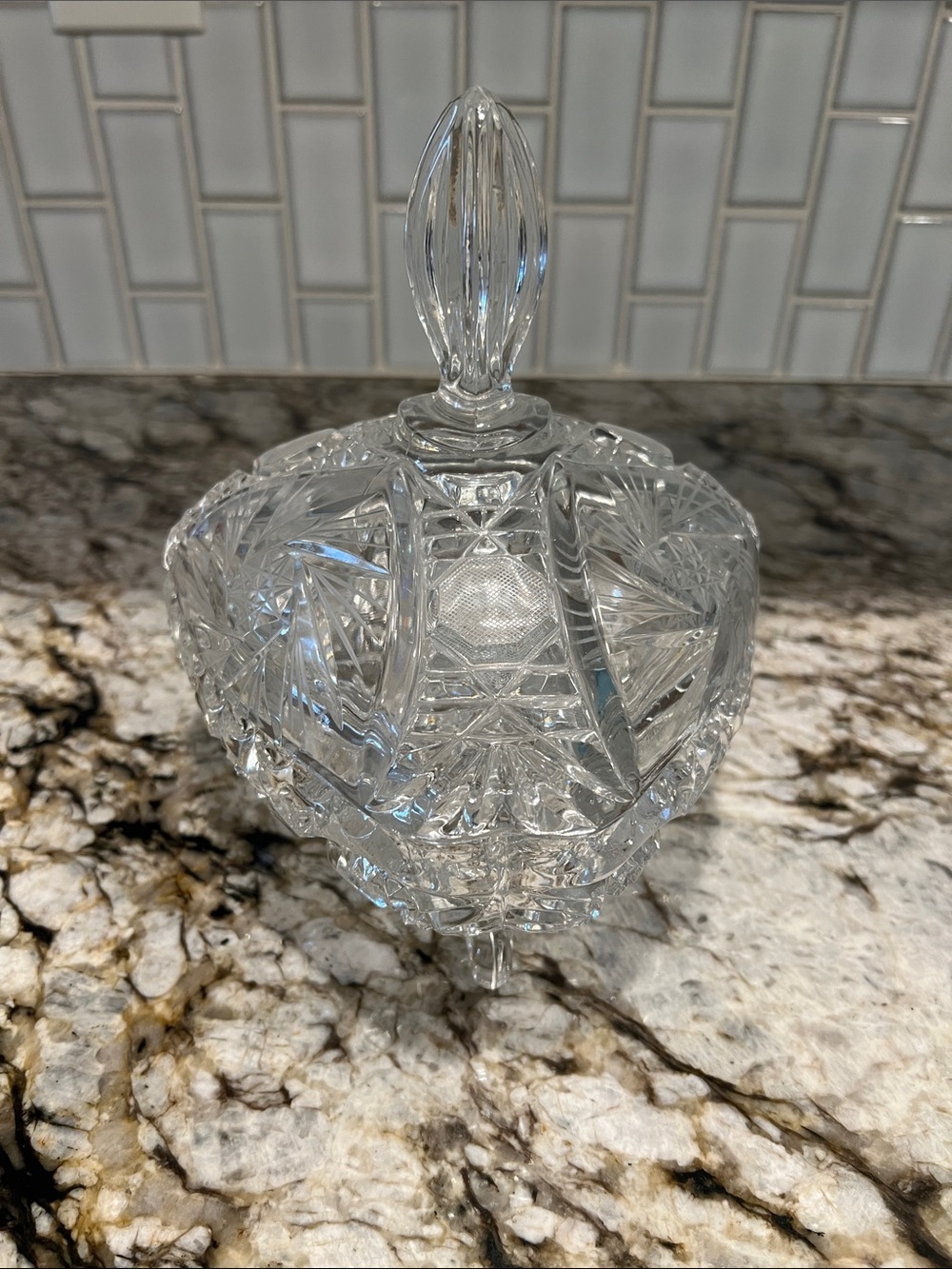 Vintage 8” Bohemian Cut Crystal Triangular Footed Candy Dish with Lid